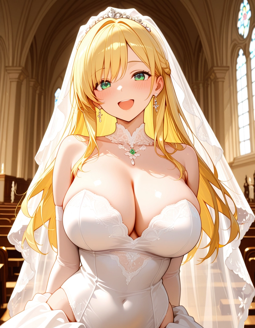 1girl, breasts, blonde hair, green eyes, veil, solo · Yamete.gg