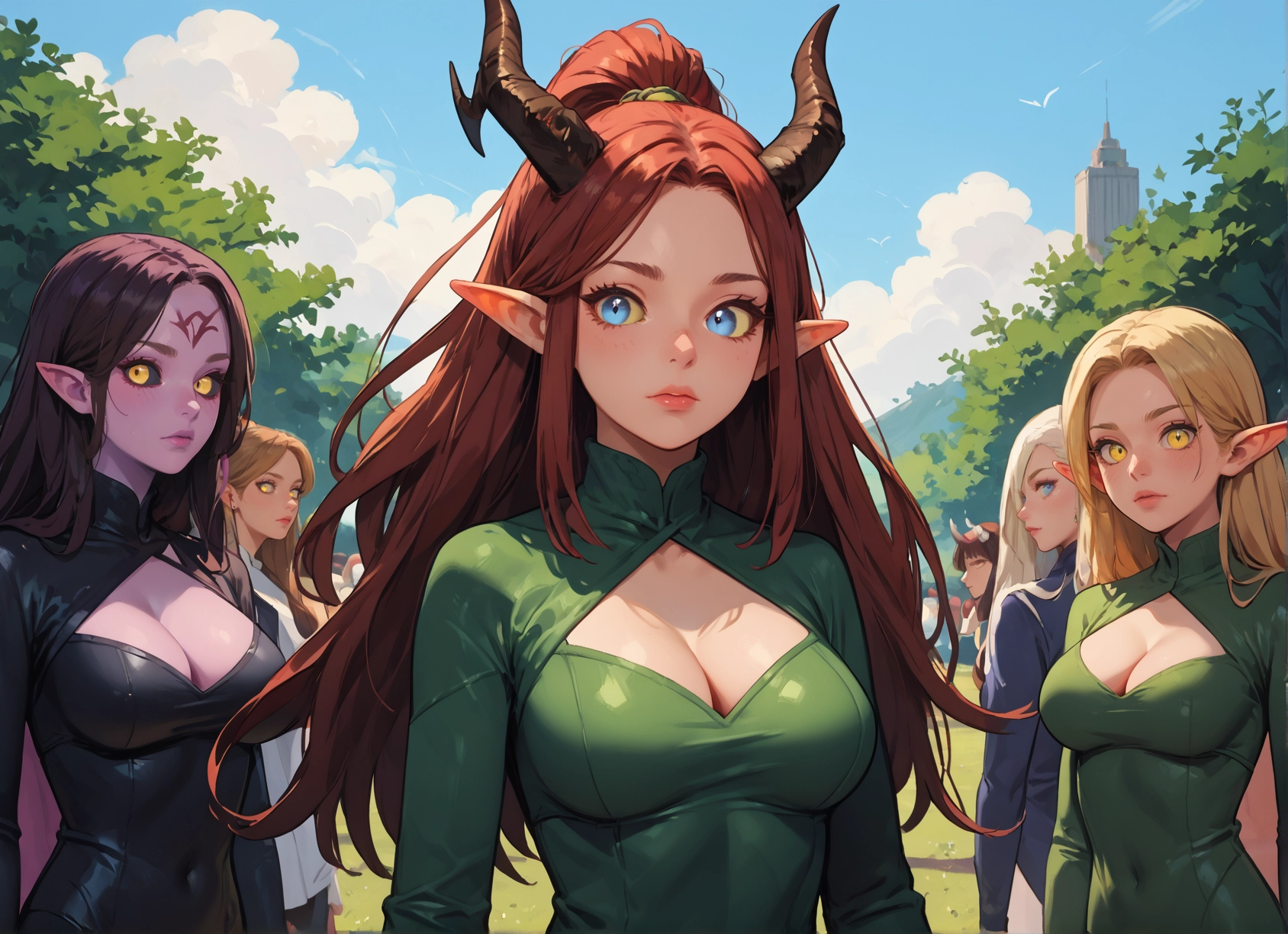 breasts, multiple girls, horns, pointy ears, cleavage, blue eyes · Yamete.gg