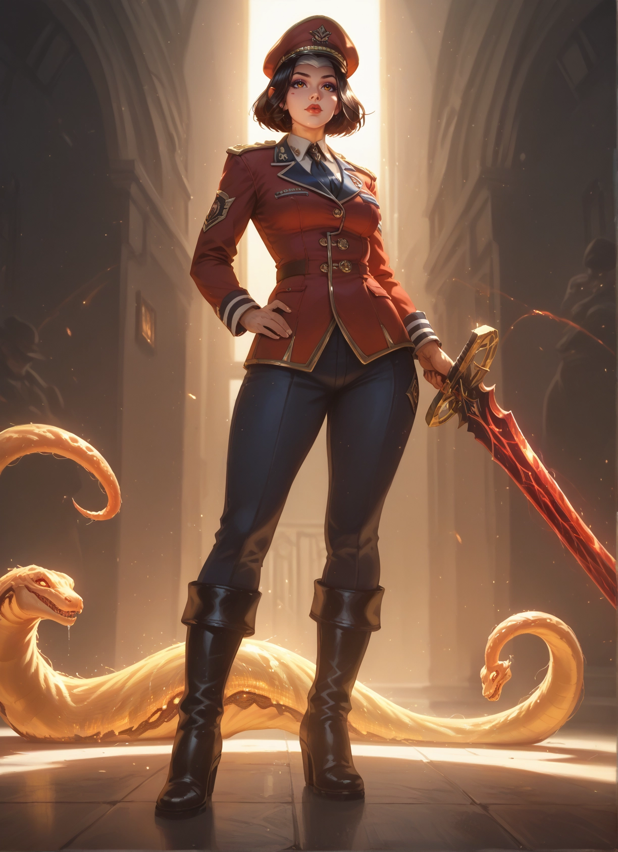1girl, weapon, sword, boots, hat, uniform · Yamete.gg