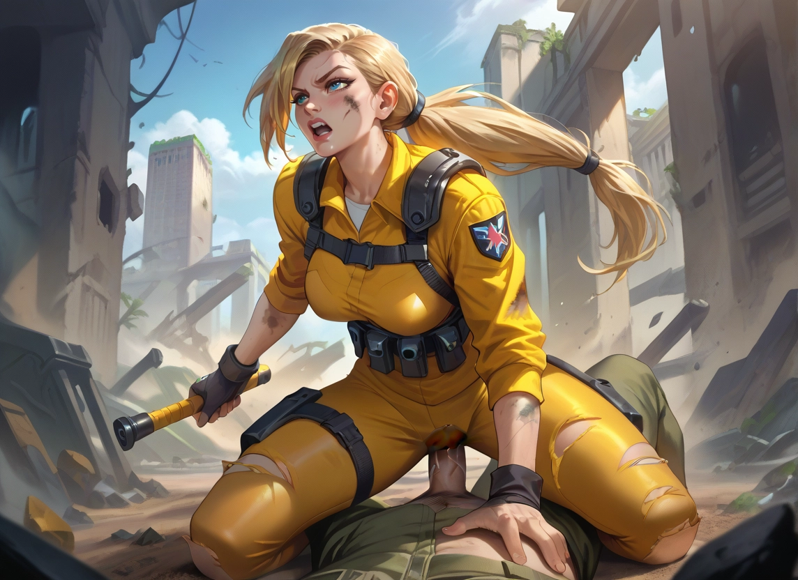 1girl, 1boy, blonde hair, penis, blue eyes, torn clothes