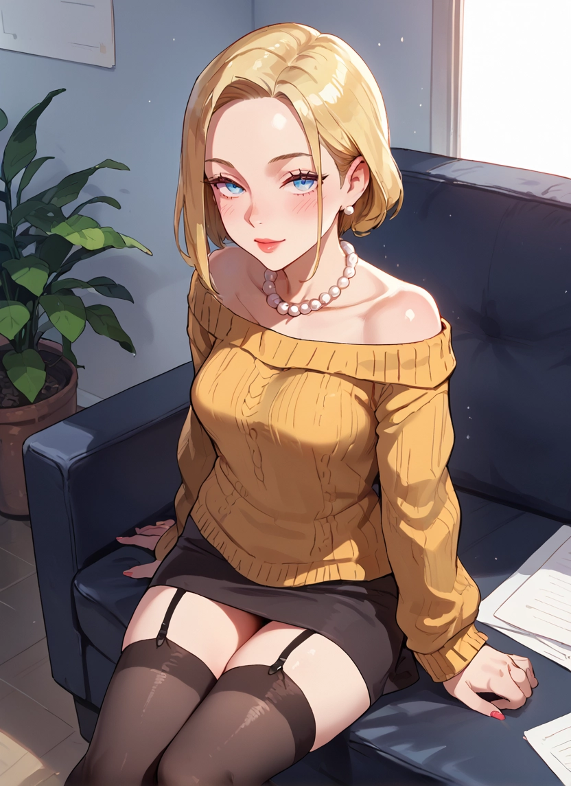 1girl, thighhighs, blonde hair, skirt, solo, blue eyes · Yamete.gg