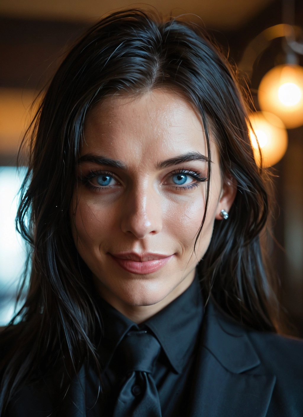 1girl, solo, jewelry, earrings, black hair, blue eyes · Yamete.gg
