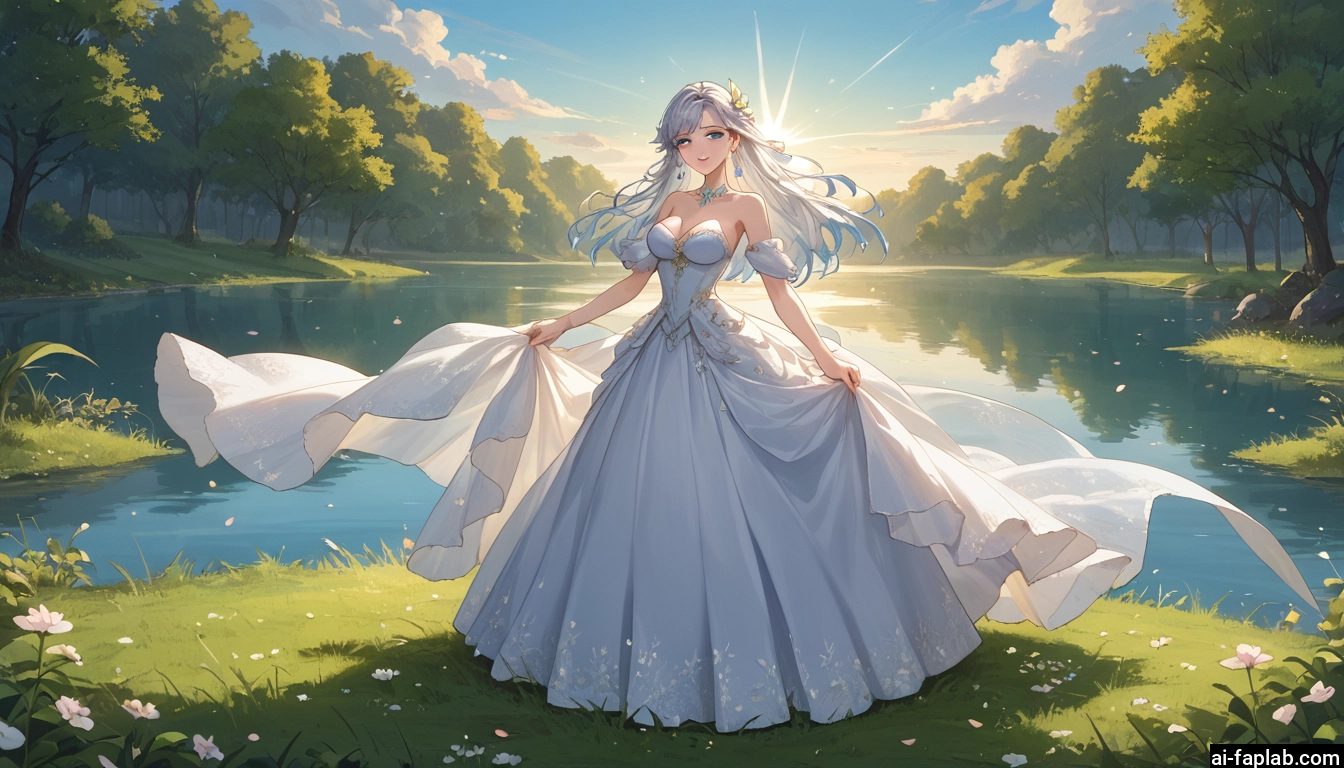 1girl, dress, breasts, solo, white dress, long hair · Yamete.gg