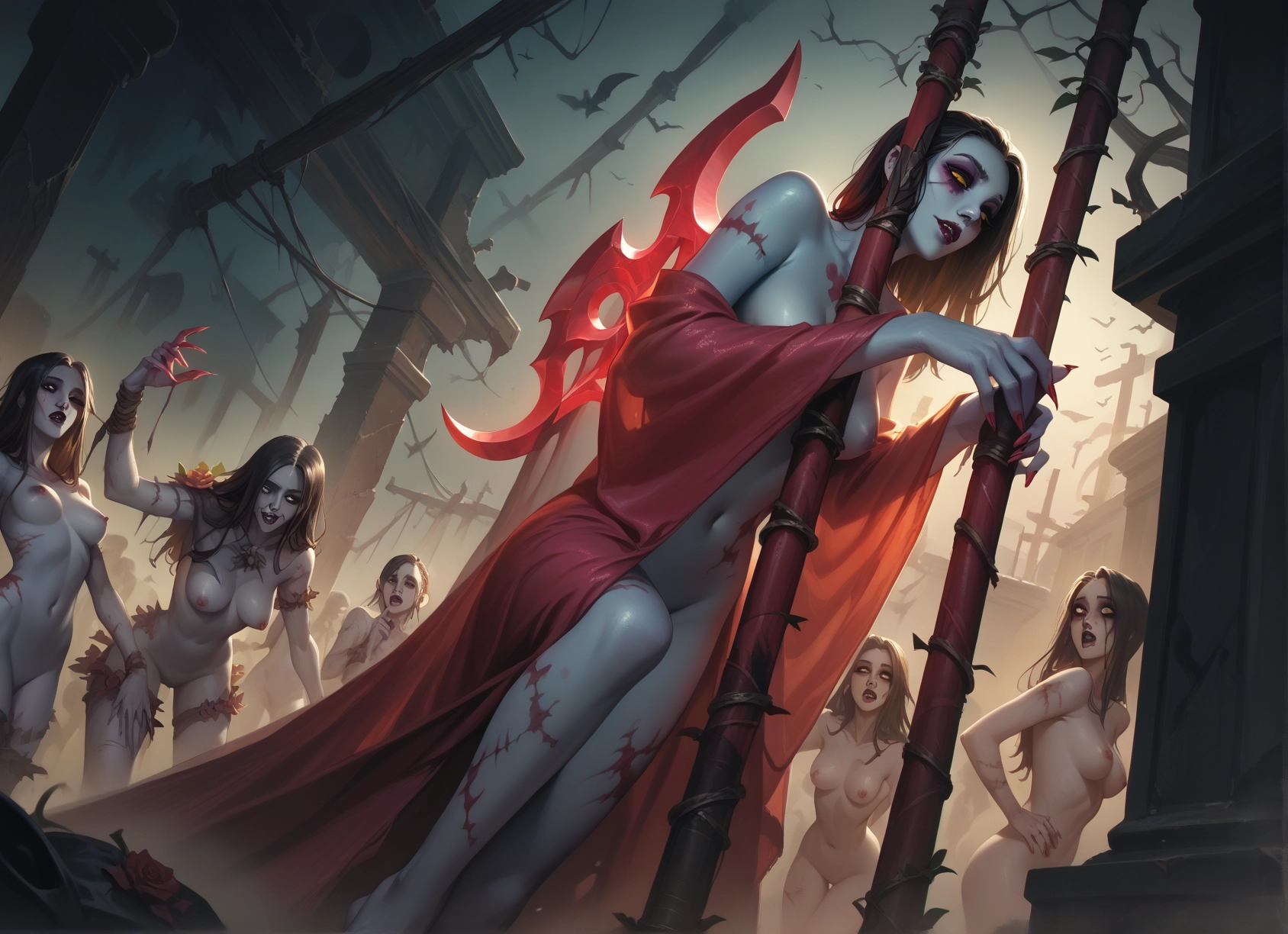 breasts, multiple girls, nipples, nude, scar, colored skin · Yamete.gg