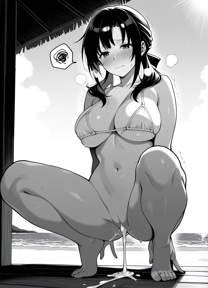 1girl, breasts, solo, greyscale, monochrome, swimsuit · Yamete.gg