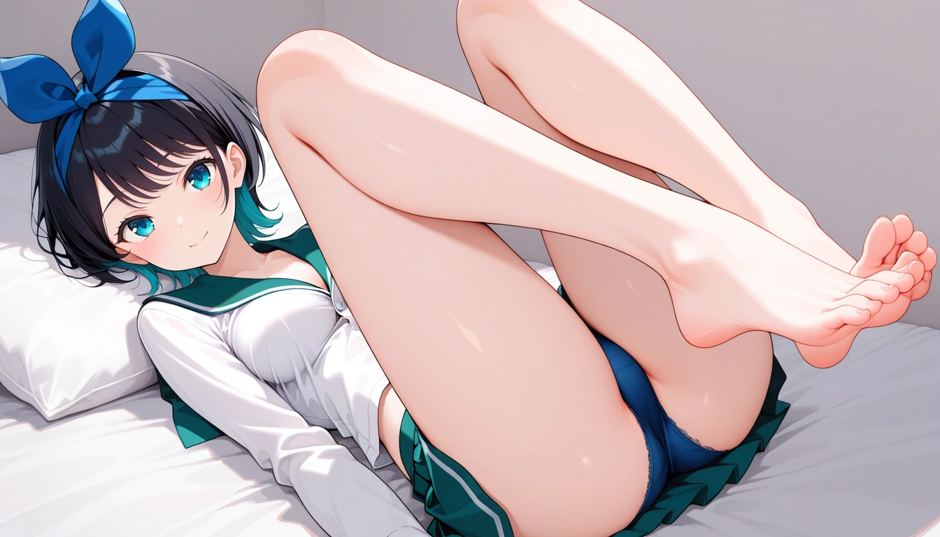 1girl, solo, skirt, barefoot, breasts, blue panties · Yamete.gg