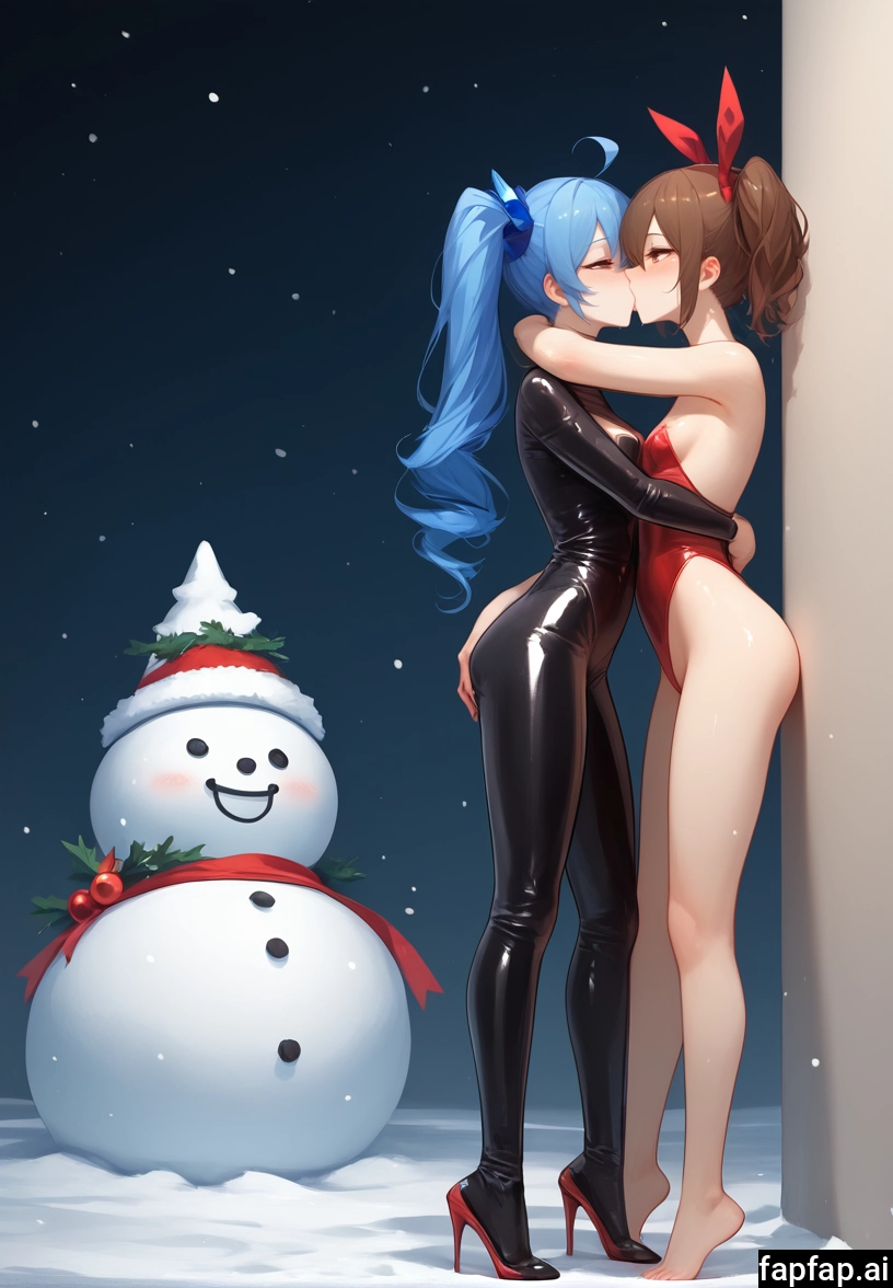 multiple girls, 2girls, yuri, snowman, brown hair, breasts · Yamete.gg