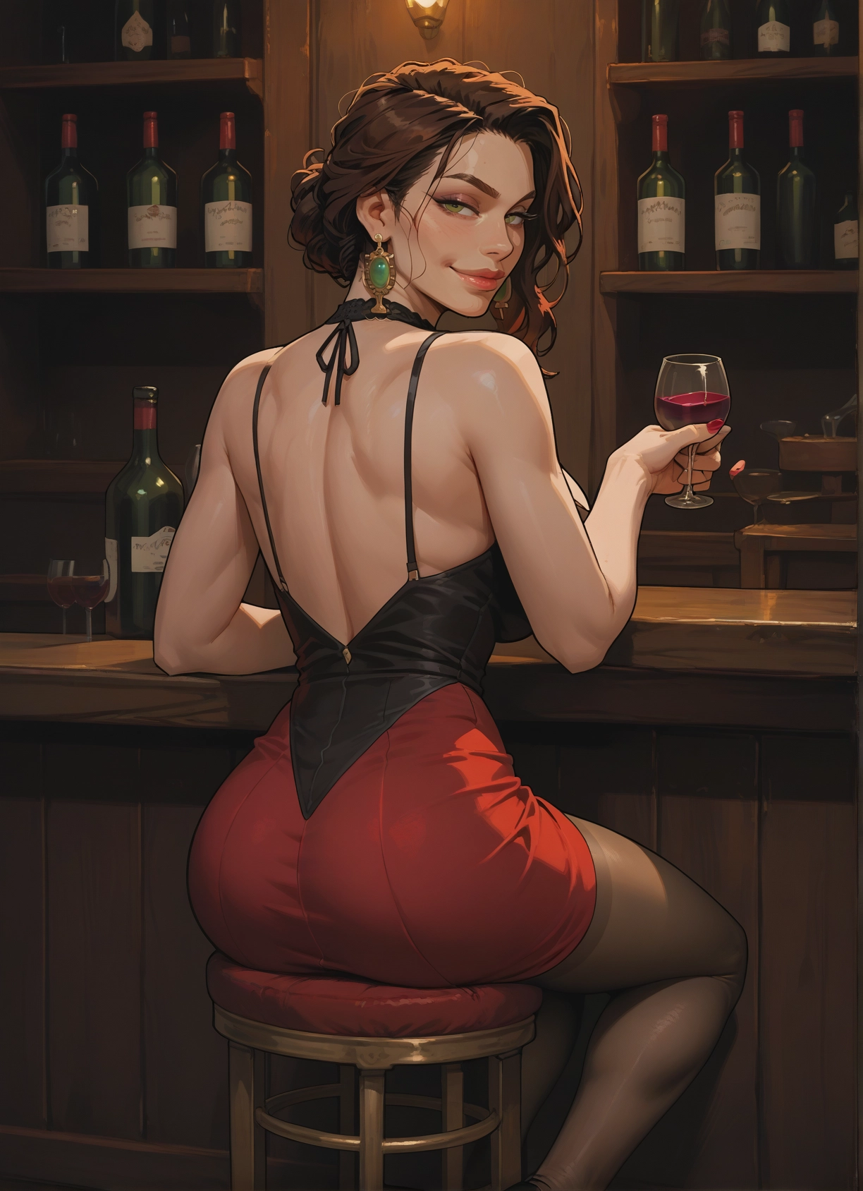 1girl, ass, jewelry, cup, earrings, pantyhose · Yamete.gg