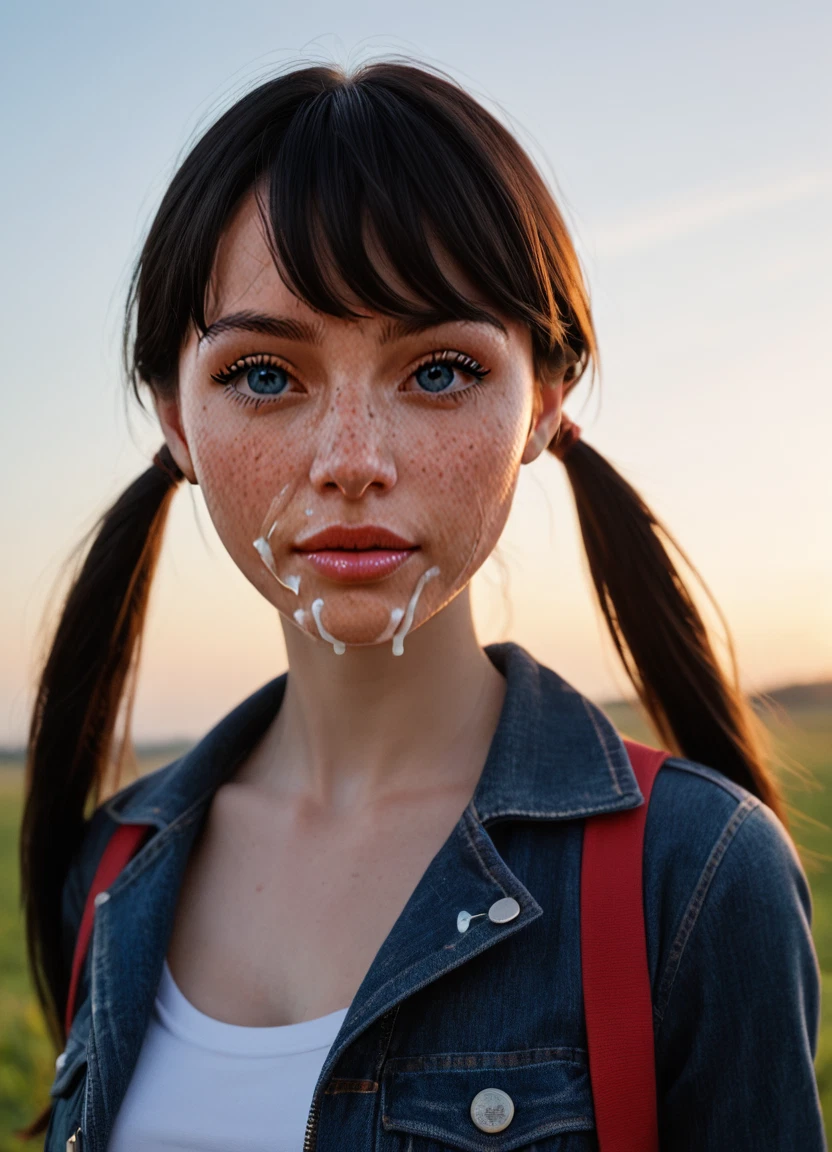 1girl, solo, twintails, cum, realistic, denim jacket
