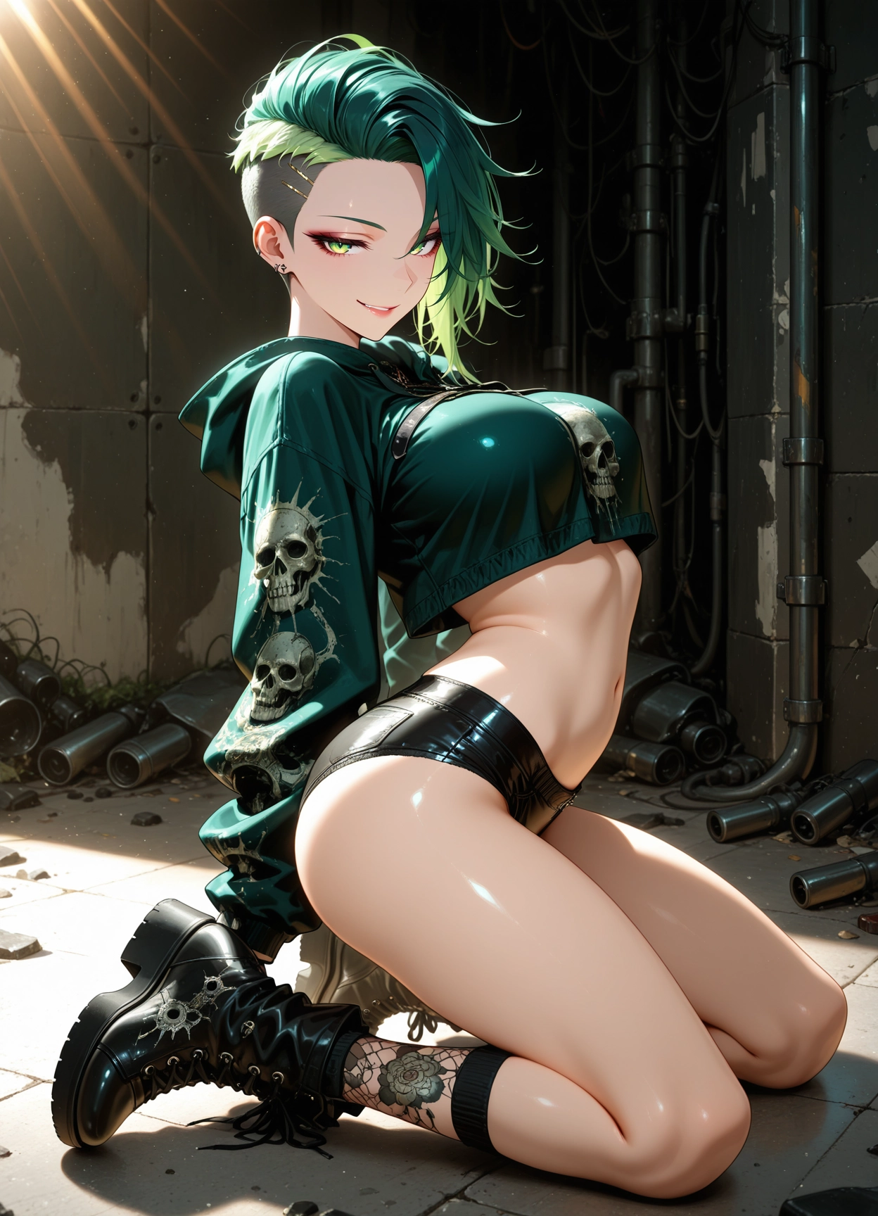 1girl, breasts, navel, green eyes, solo, smile · Yamete.gg