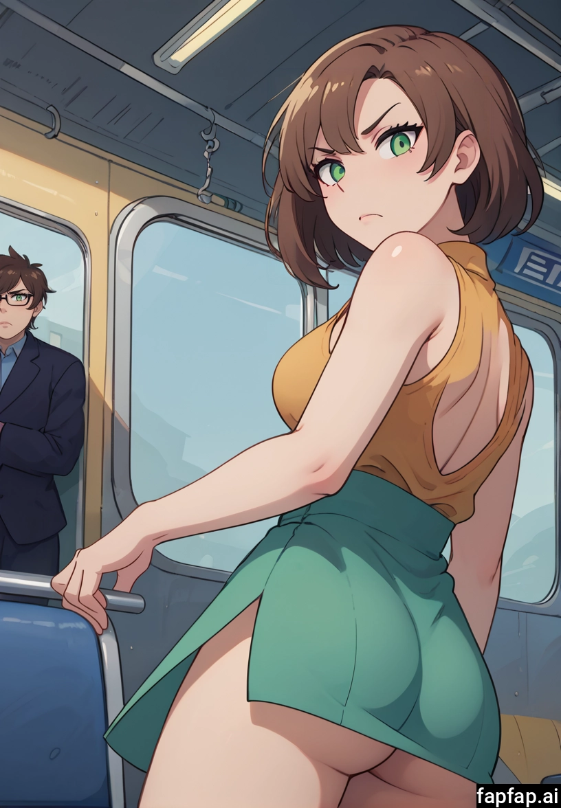 1girl, 1boy, brown hair, skirt, ass, green eyes · Yamete.gg