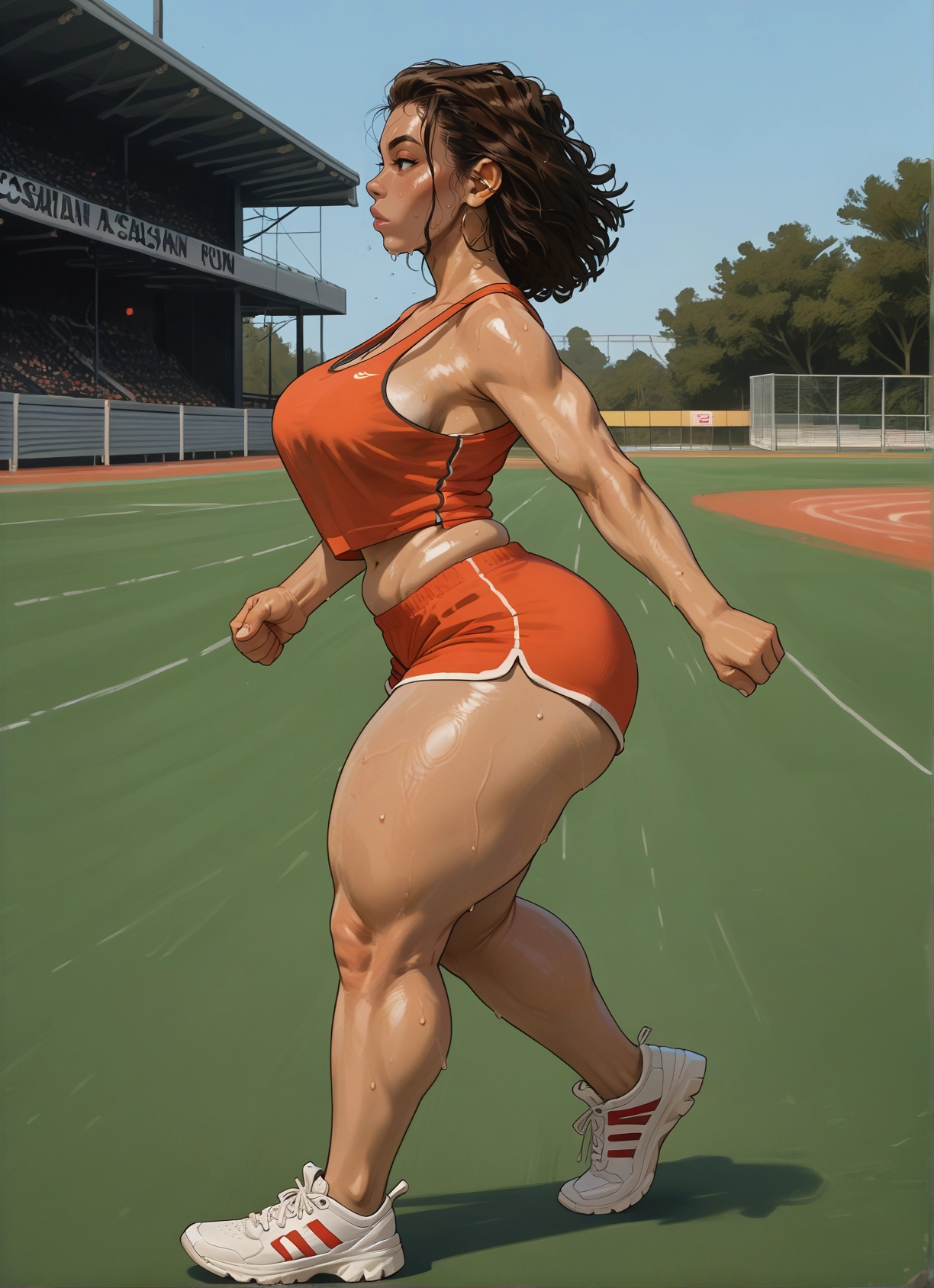 1girl, breasts, shorts, sweat, thighs, shoes · Yamete.gg