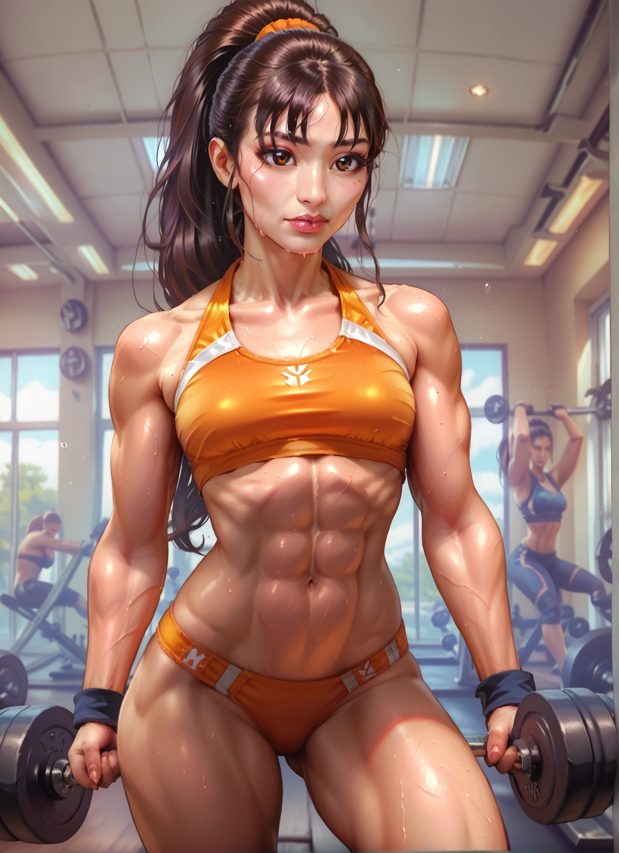 abs, multiple girls, brown hair, muscular, sweat, muscular female · Yamete.gg