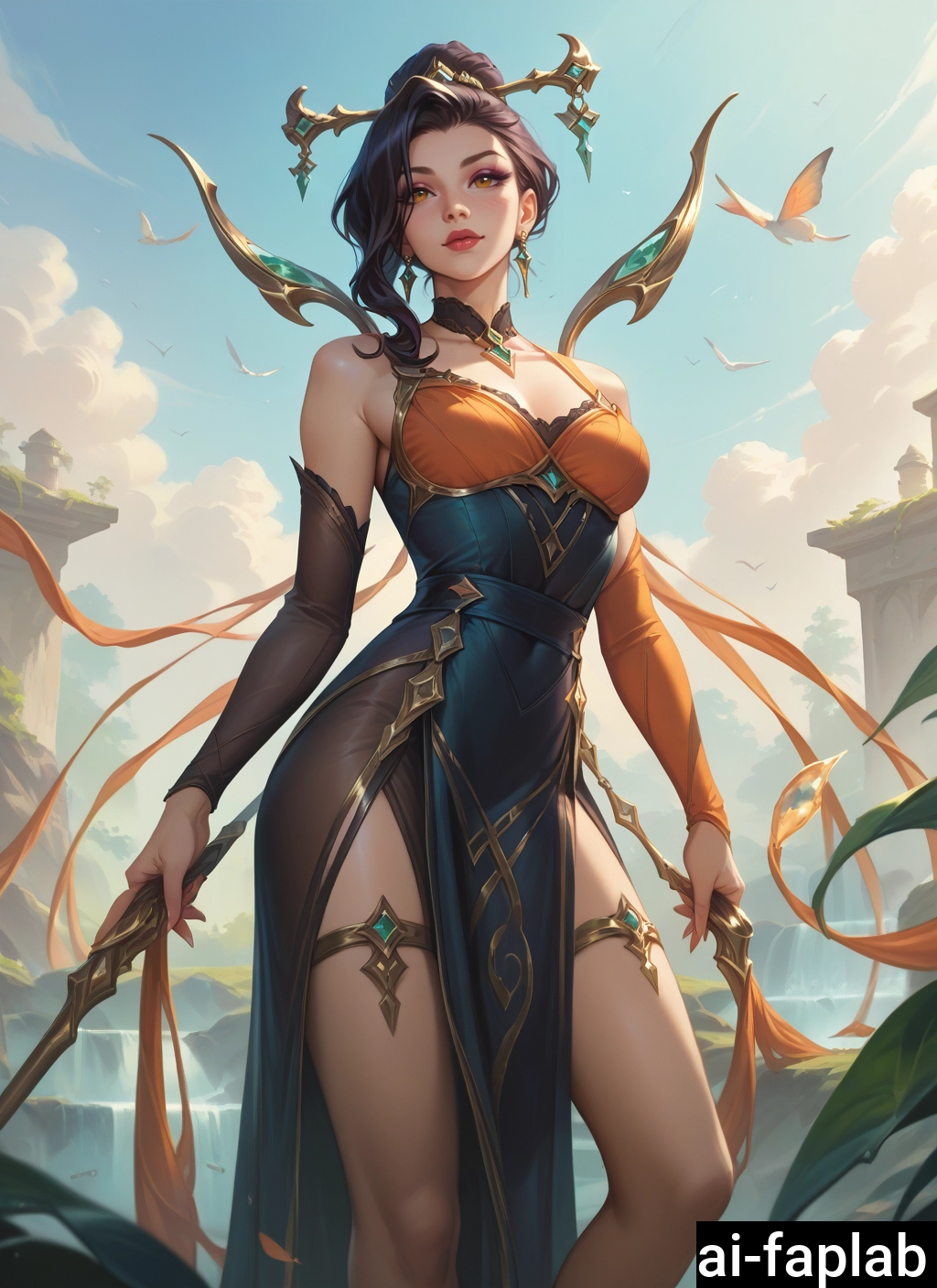 1girl, solo, dress, holding, bird, breasts · Yamete.gg