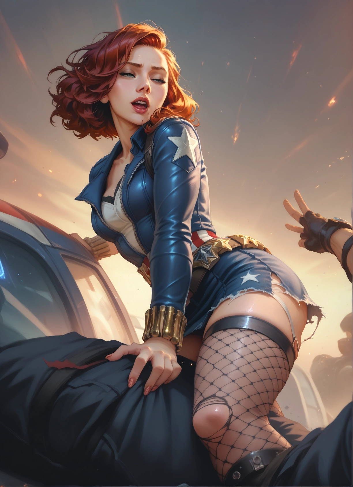 1girl, torn clothes, thighhighs, gloves, fishnets, 1boy · Yamete.gg