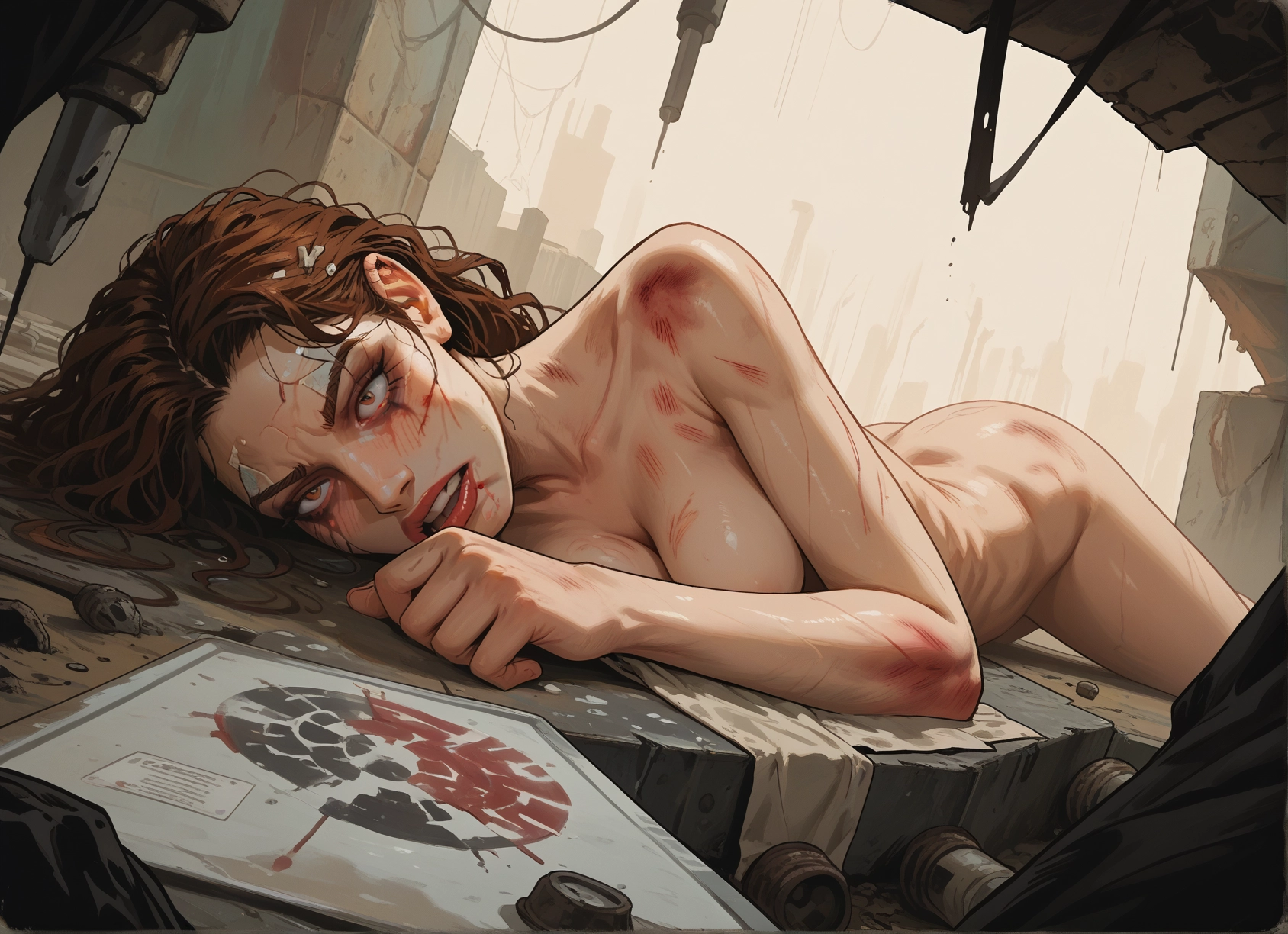 1girl, nude, breasts, brown hair, injury, bruise · Yamete.gg