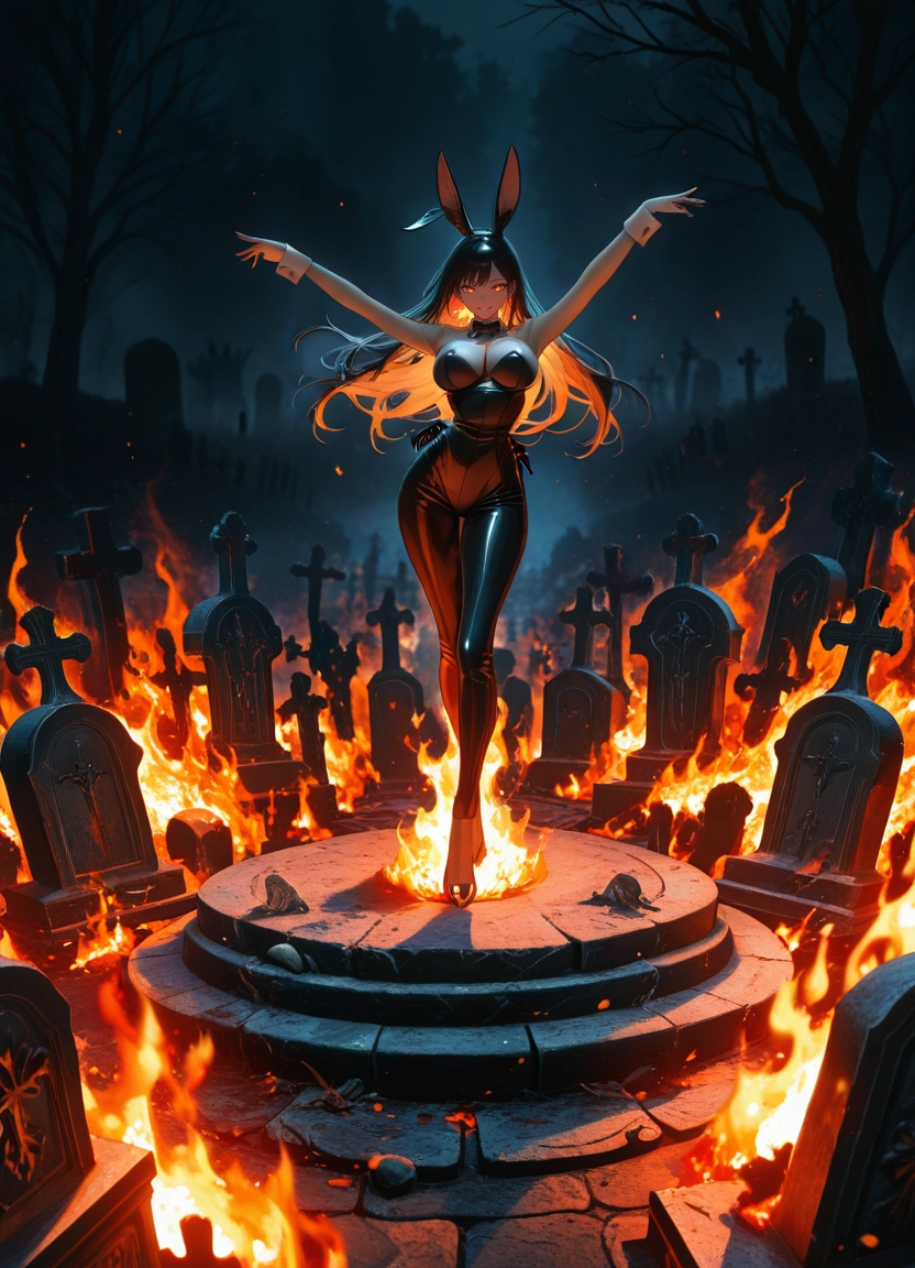 1girl, animal ears, rabbit ears, breasts, fire, long hair · Yamete.gg