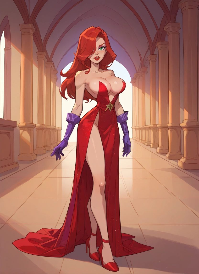 1girl, breasts, gloves, dress, green eyes, hair over one eye · Yamete.gg