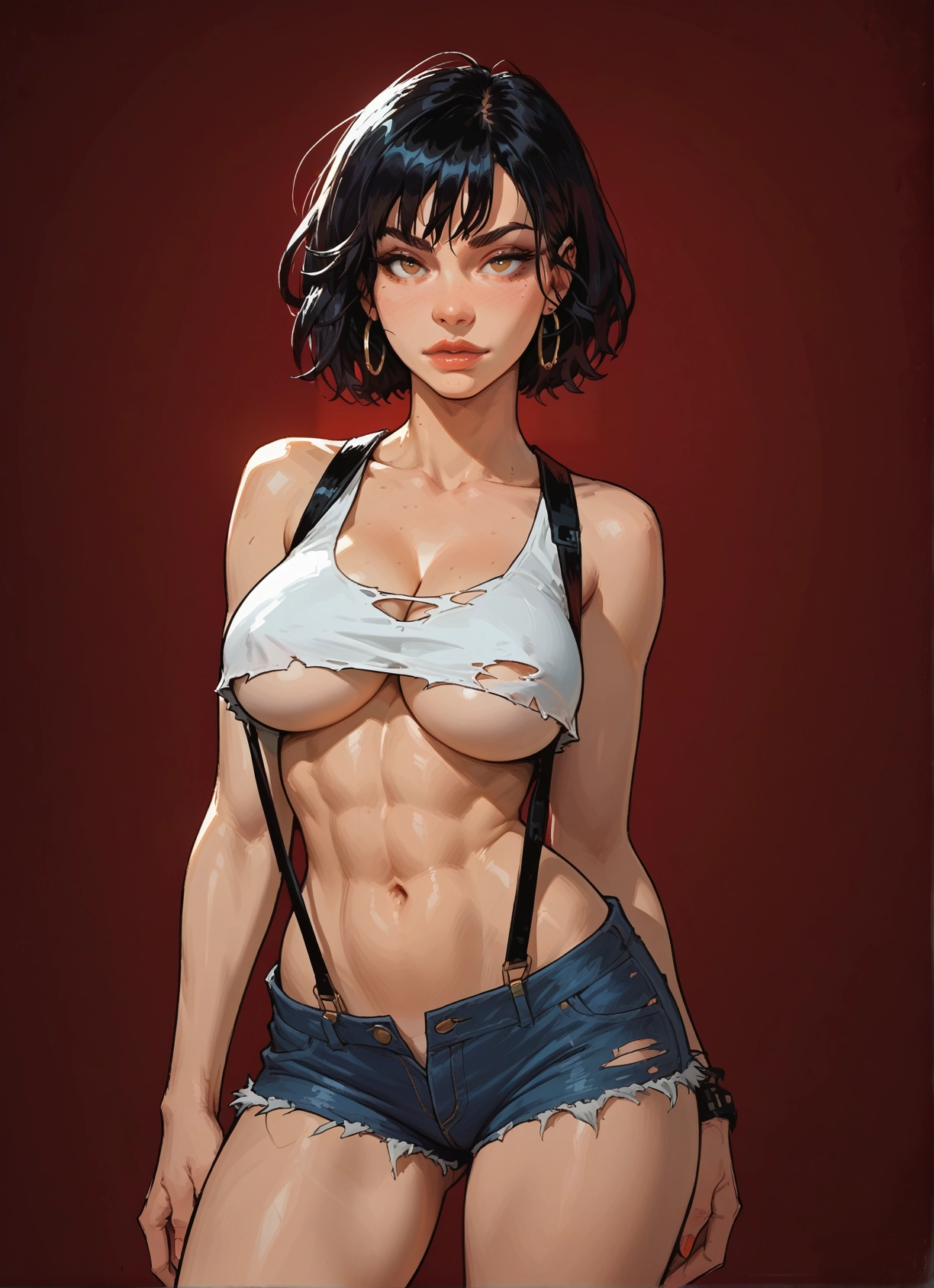 1girl, breasts, shorts, jewelry, earrings, short hair · Yamete.gg
