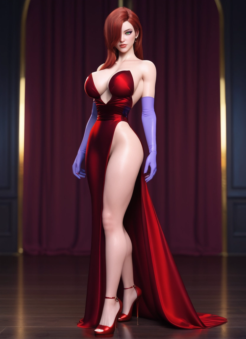 1girl, breasts, dress, gloves, high heels, hair over one eye · Yamete.gg