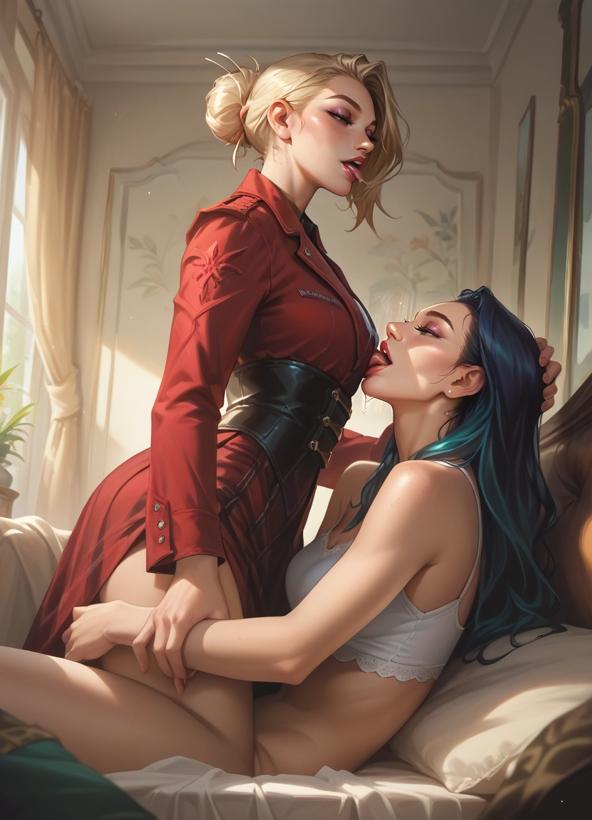 bra, multiple girls, licking, yuri, 2girls, saliva