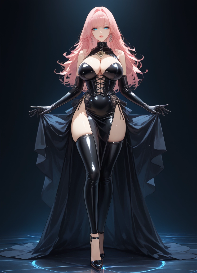 1girl, breasts, solo, gloves, dress, pink hair