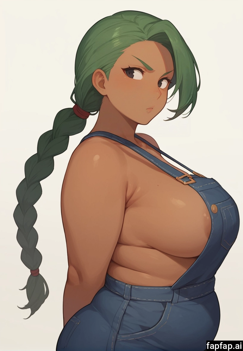 1girl, breasts, overalls, solo, braid, green hair