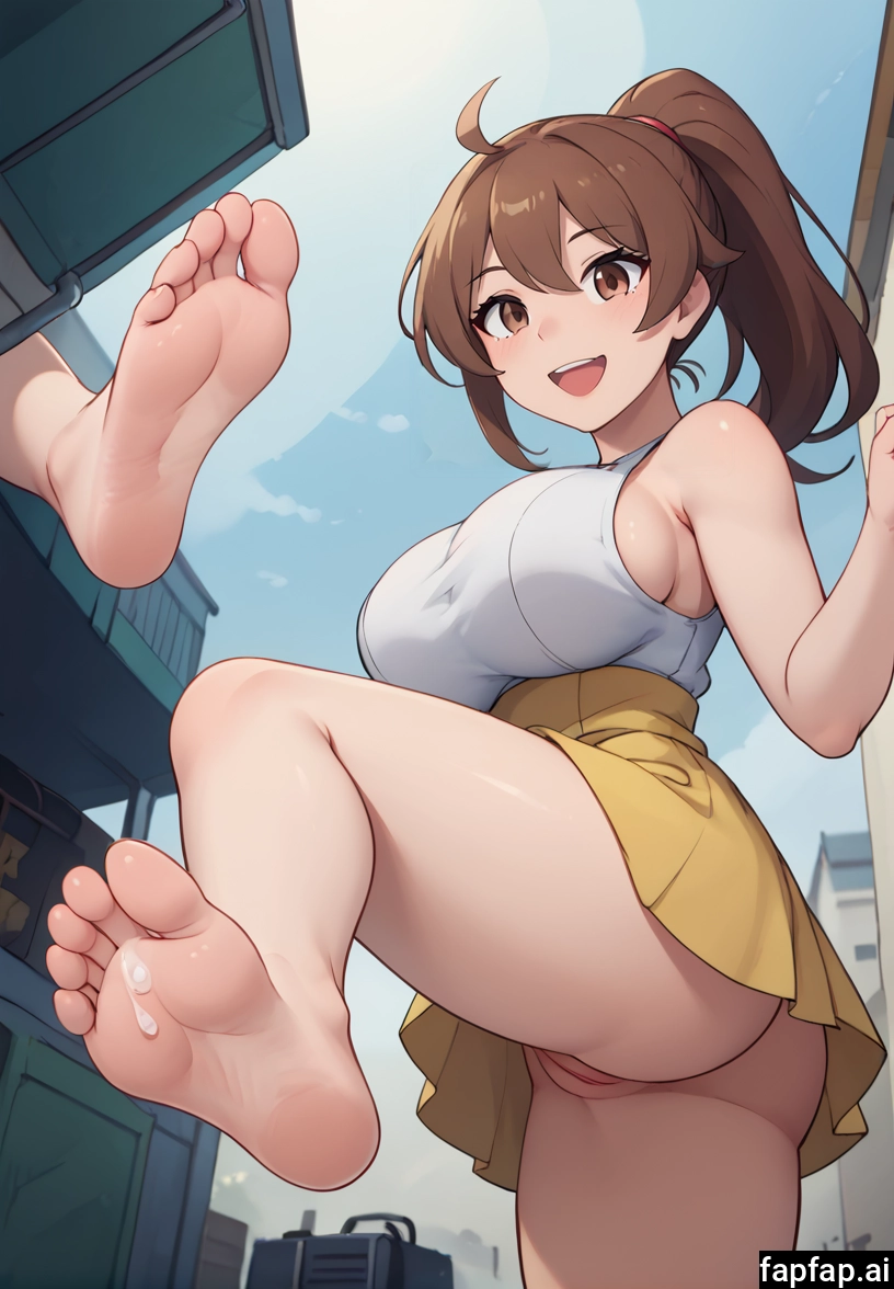 1girl, breasts, feet, brown hair, soles, barefoot · Yamete.gg