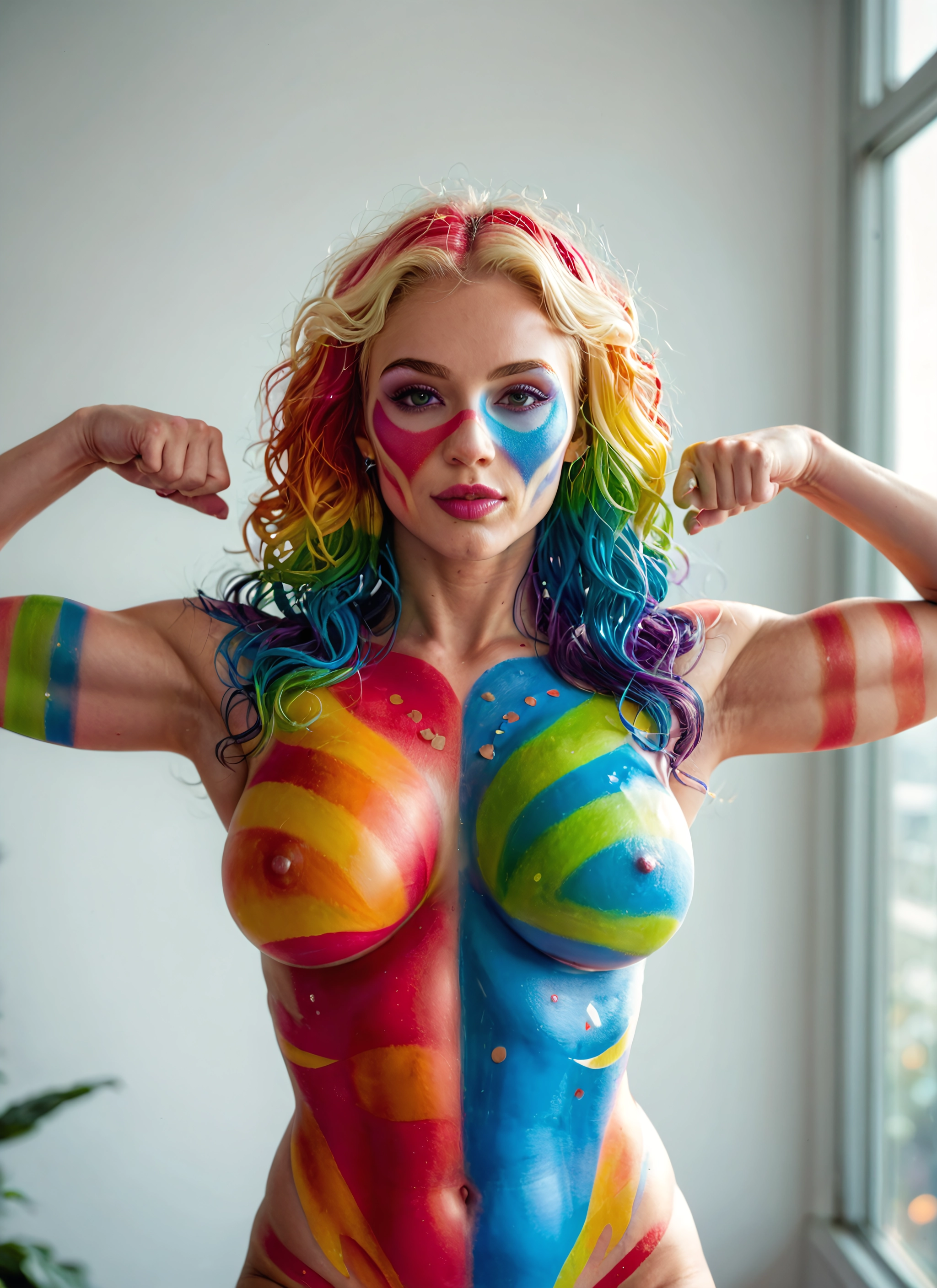 1girl, solo, breasts, nipples, multicolored hair, bodypaint · Yamete.gg