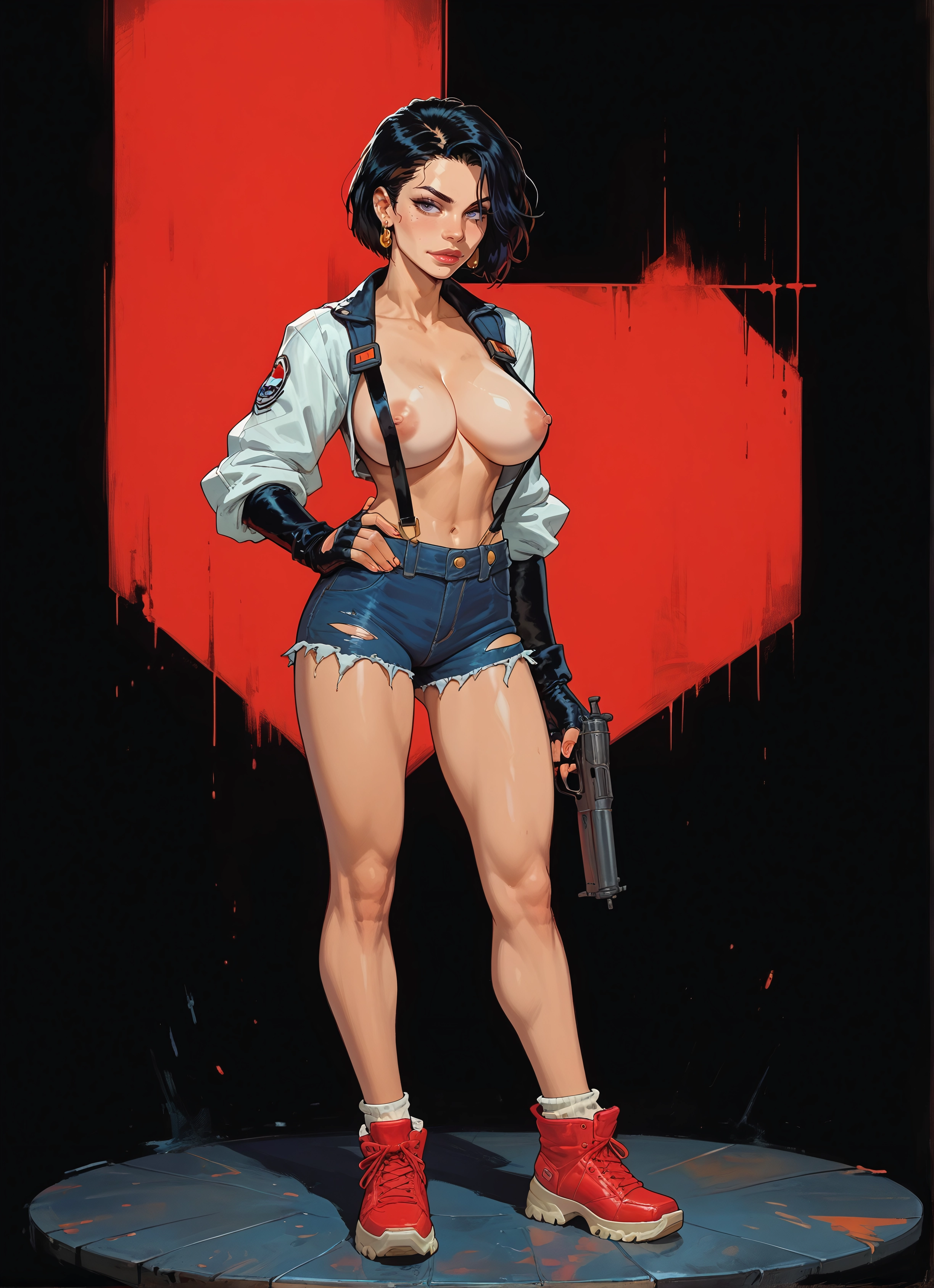 1girl, breasts, weapon, gun, solo, shorts · Yamete.gg
