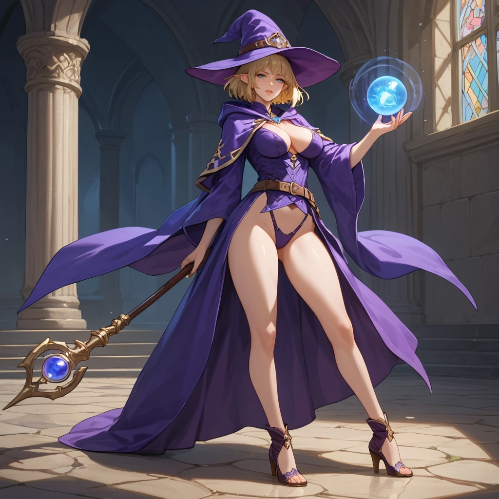 1girl, breasts, staff, high heels, pointy ears, solo · Yamete.gg