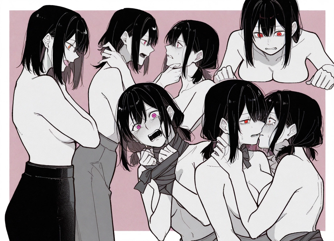 breasts, multiple girls, 2girls, yuri, orange eyes, bound