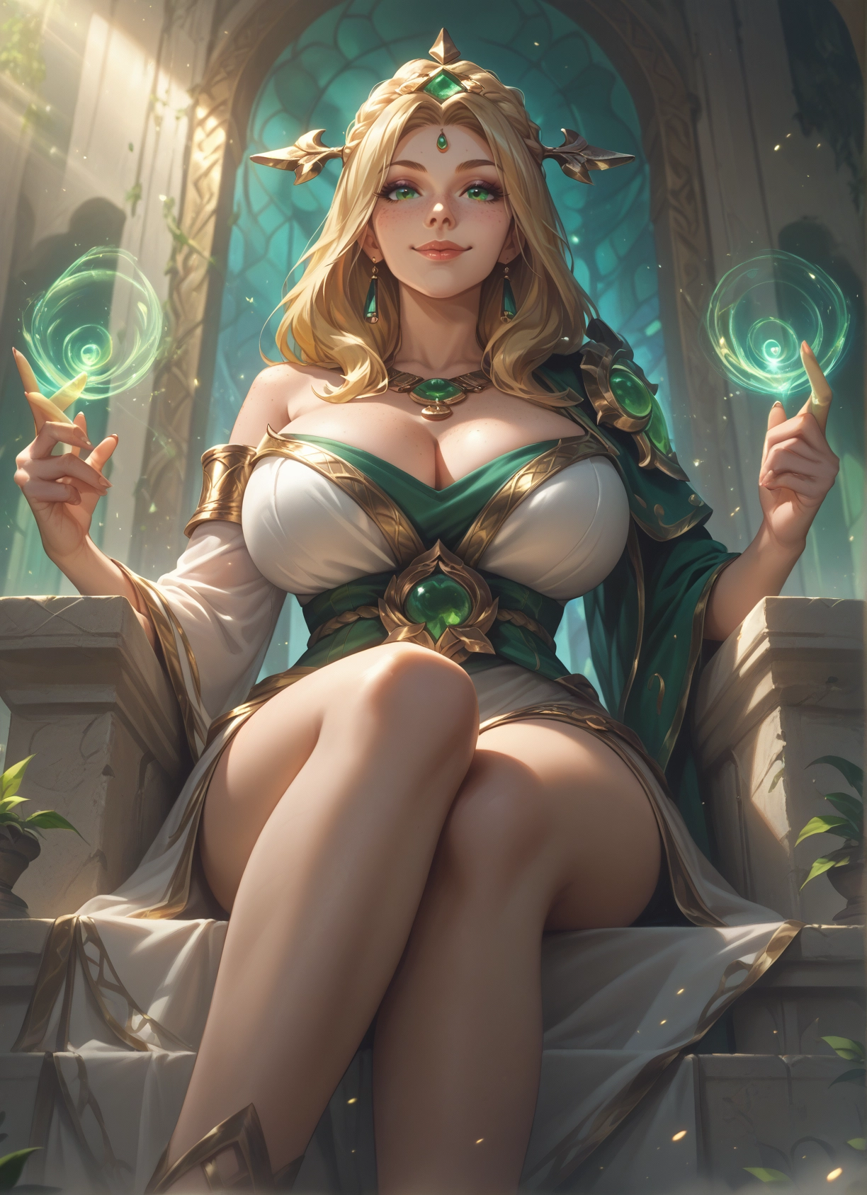 breasts, 1girl, blonde hair, green eyes, jewelry, large breasts · Yamete.gg