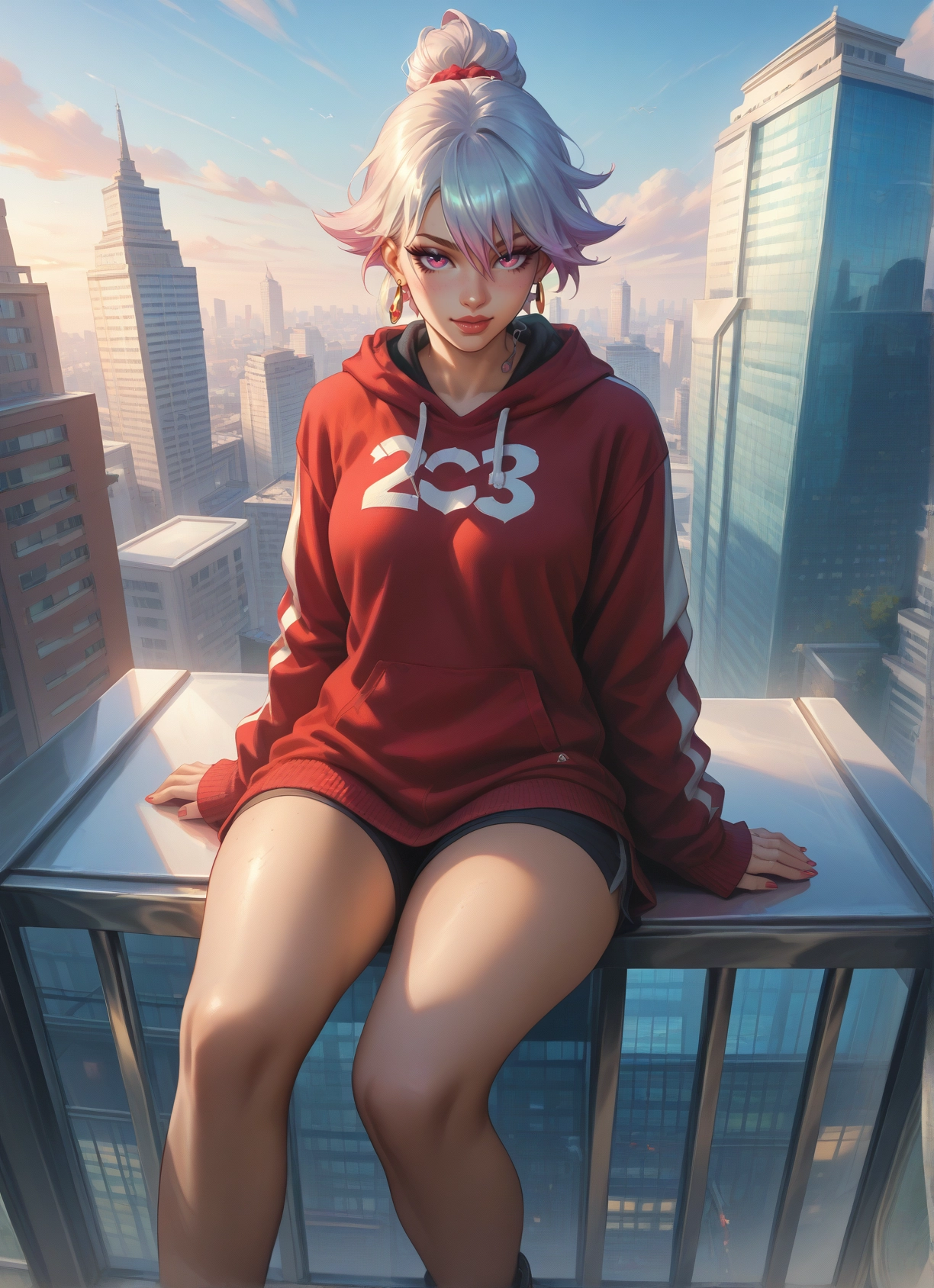 1girl, earrings, jewelry, hood, solo, sitting · Yamete.gg