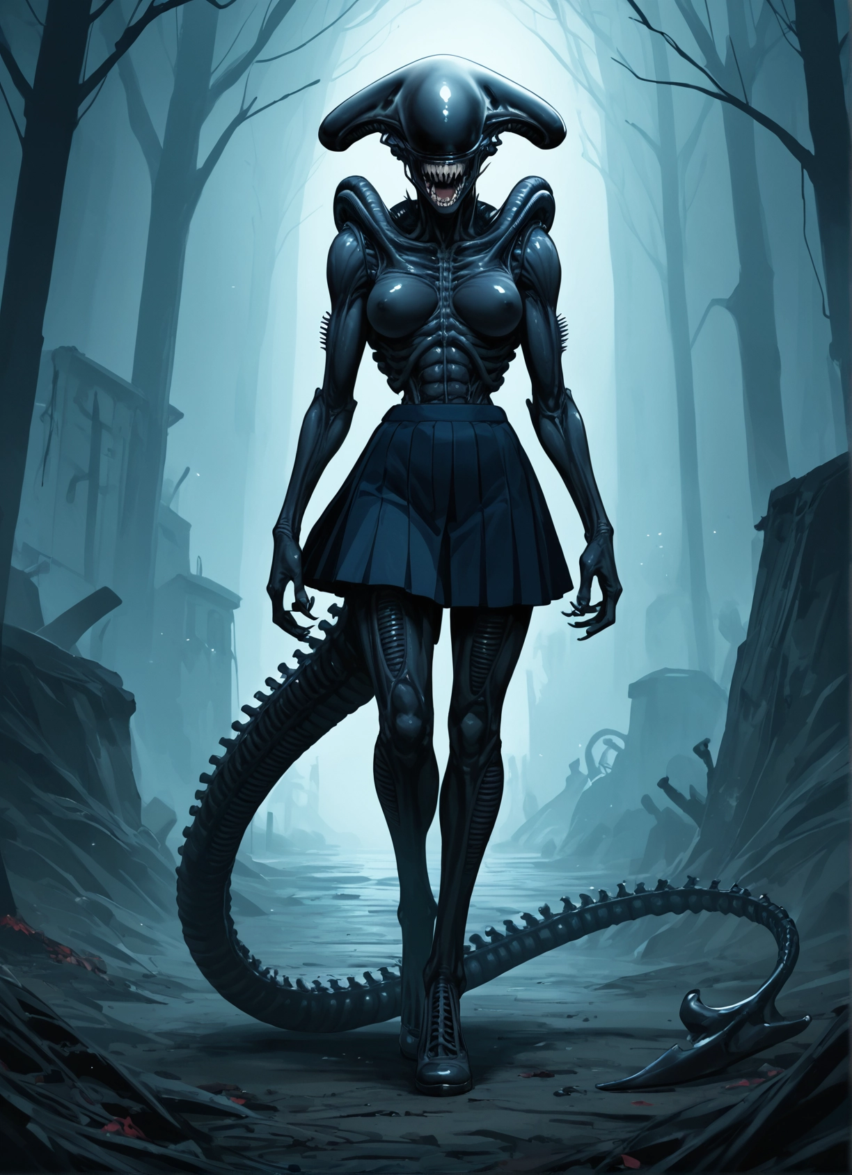 1girl, skirt, tail, breasts, teeth, solo · Yamete.gg