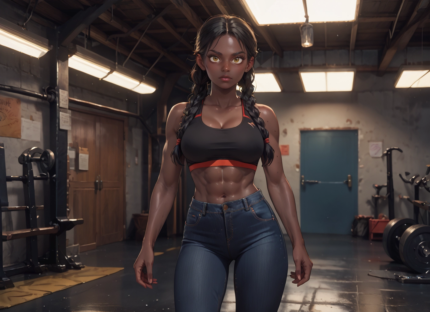 1girl, breasts, braid, abs, pants, twin braids · Yamete.gg