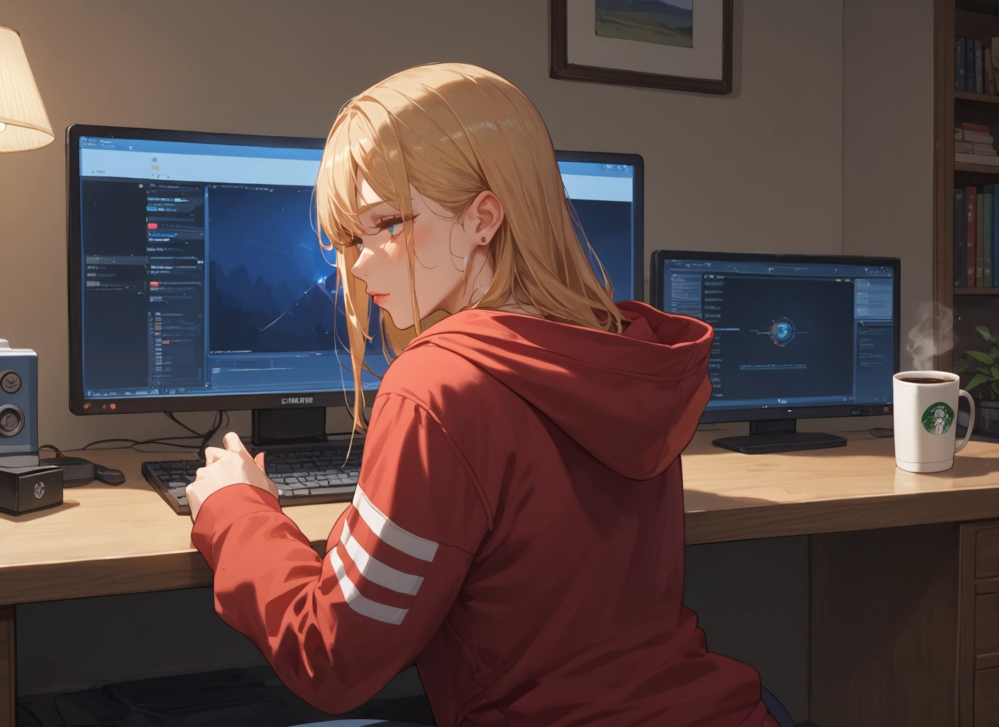1girl, cup, solo, blonde hair, hood, blue eyes · Yamete.gg