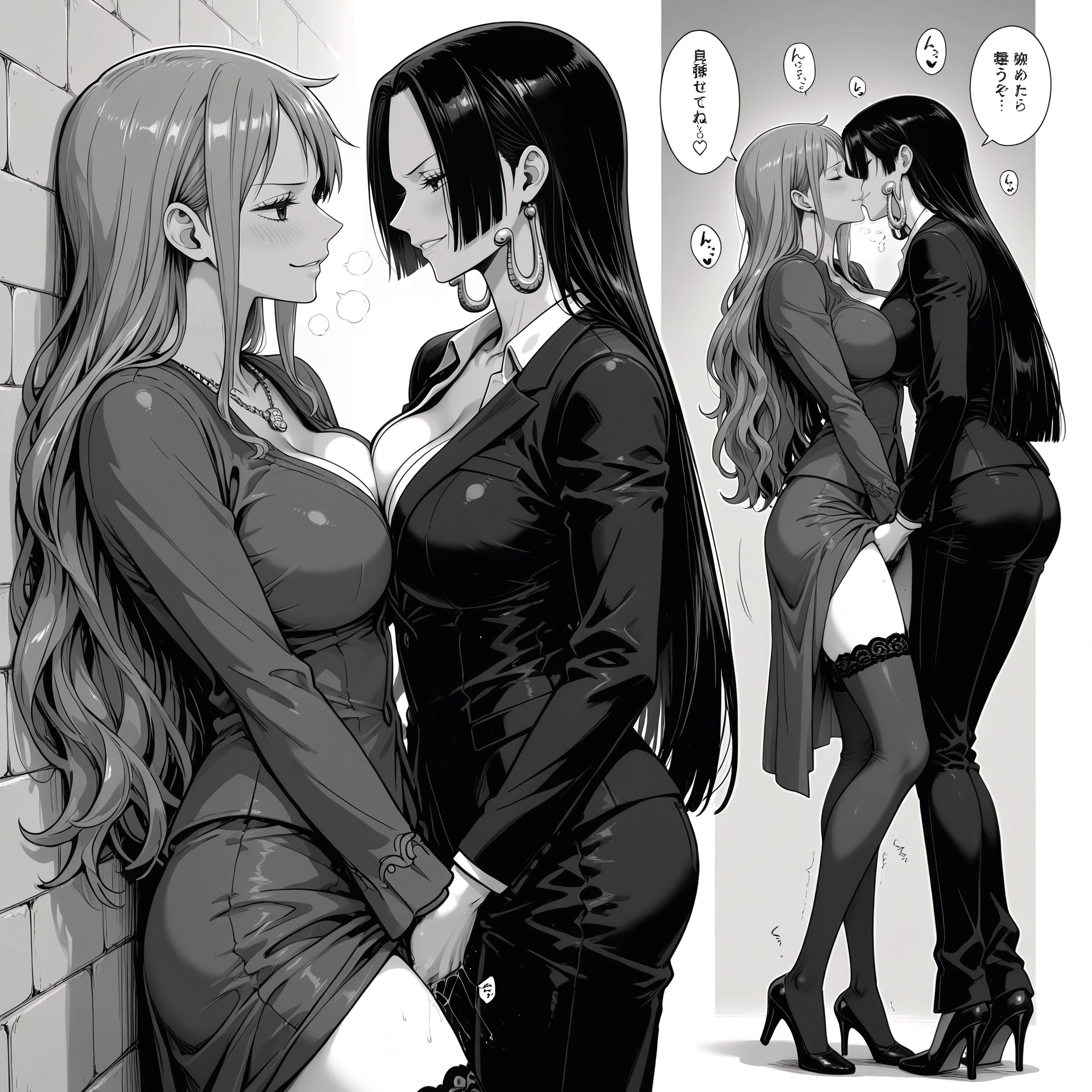 multiple girls, greyscale, monochrome, breasts, 2girls, yuri · Yamete.gg