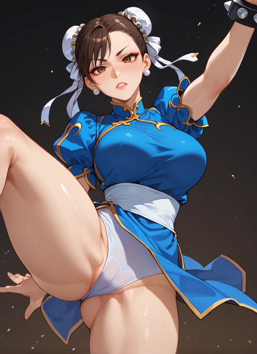 1girl, jewelry, brown hair, double bun, dress, breasts