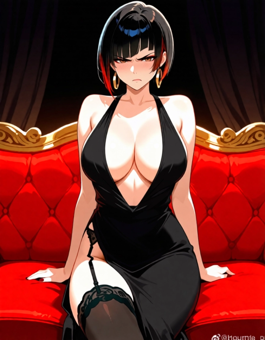 1girl, breasts, black hair, solo, dress, jewelry · Yamete.gg