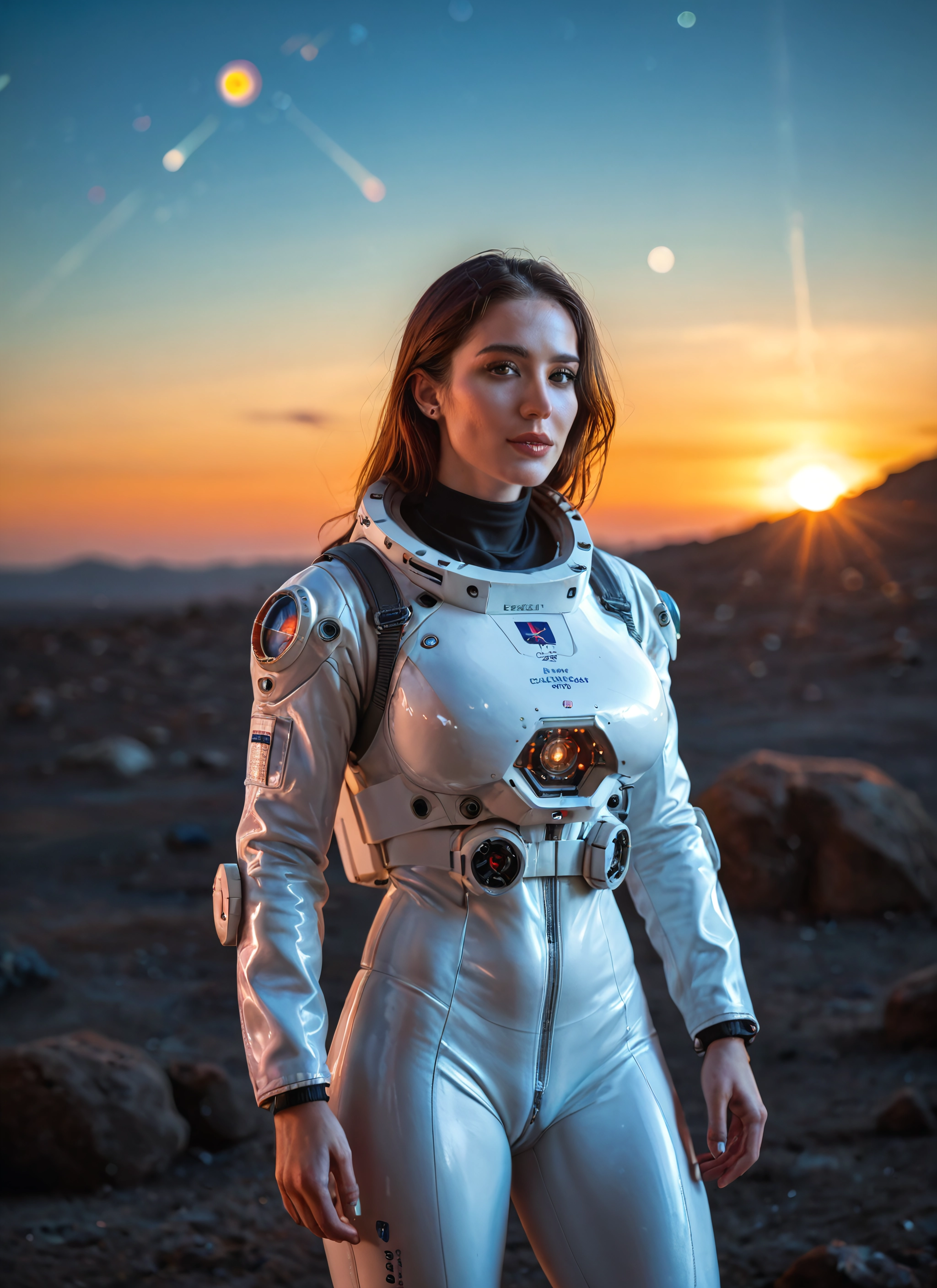 1girl, solo, bodysuit, brown hair, sun, looking at viewer · Yamete.gg
