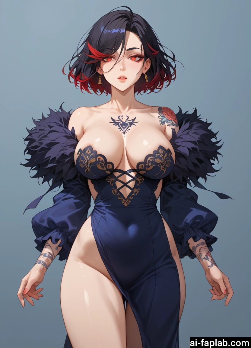 breasts, 1girl, multicolored hair, jewelry, tattoo, earrings · Yamete.gg