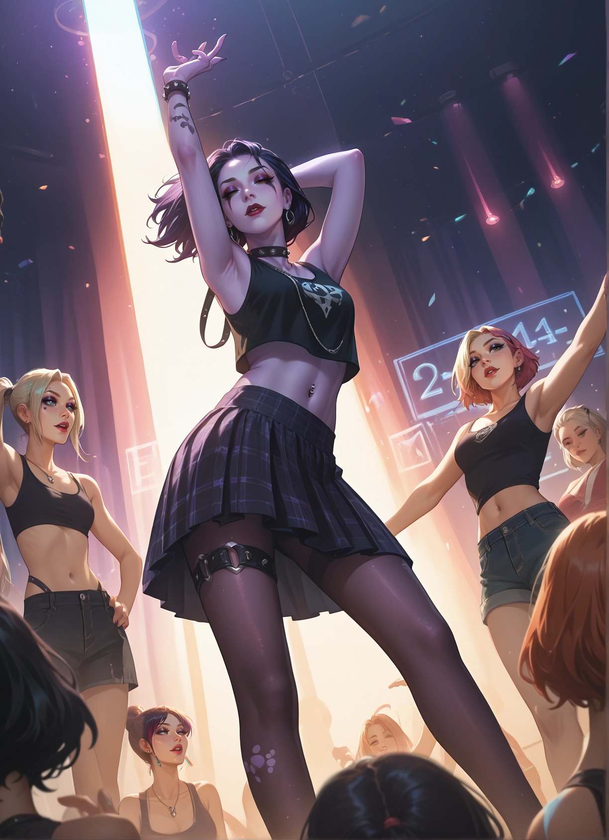 multiple girls, skirt, pantyhose, jewelry, shorts, navel · Yamete.gg