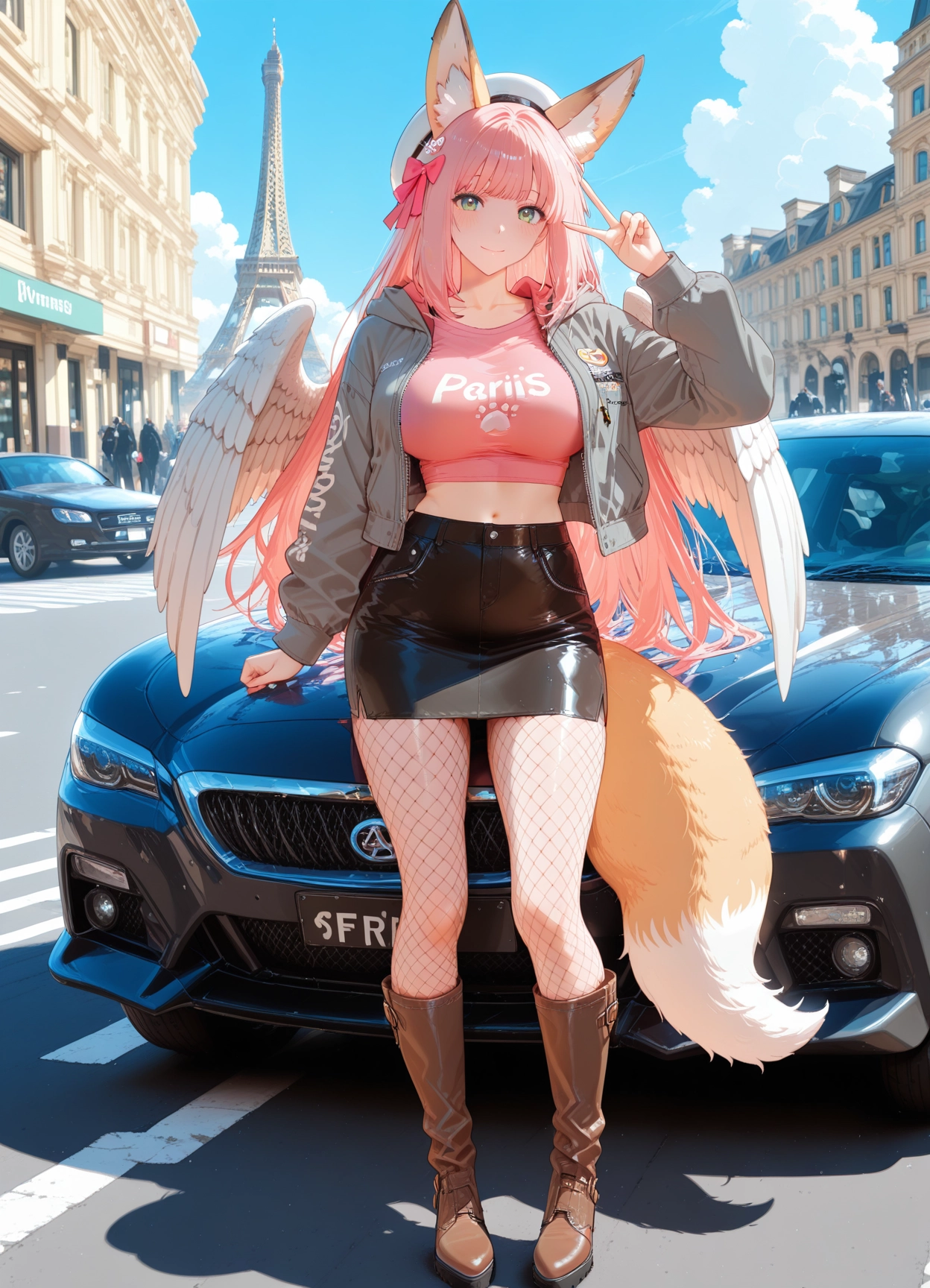 1girl, jacket, car, animal ears, motor vehicle, fishnets · Yamete.gg
