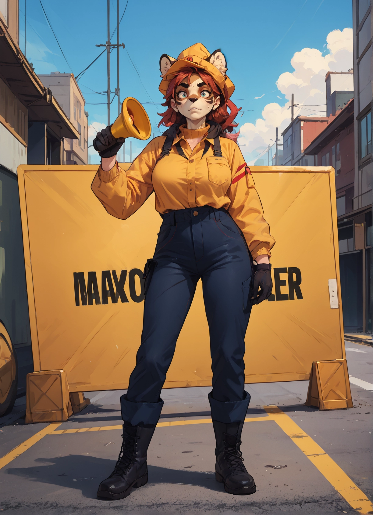 1girl, gloves, boots, solo, megaphone, helmet · Yamete.gg