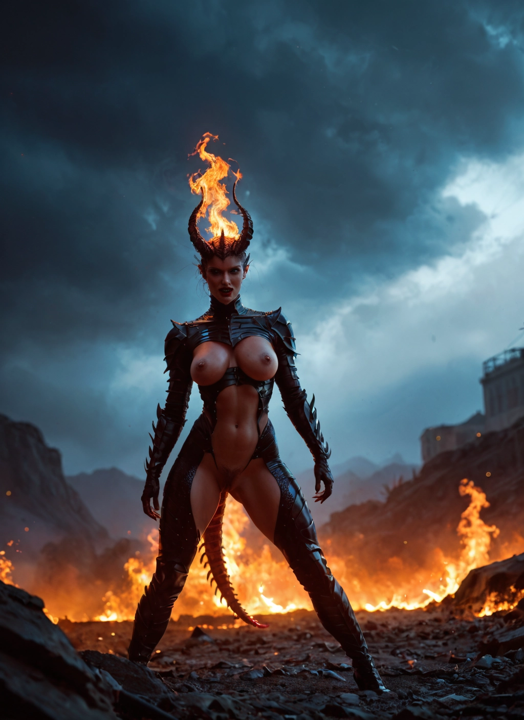 1girl, solo, horns, breasts, nipples, tail · Yamete.gg