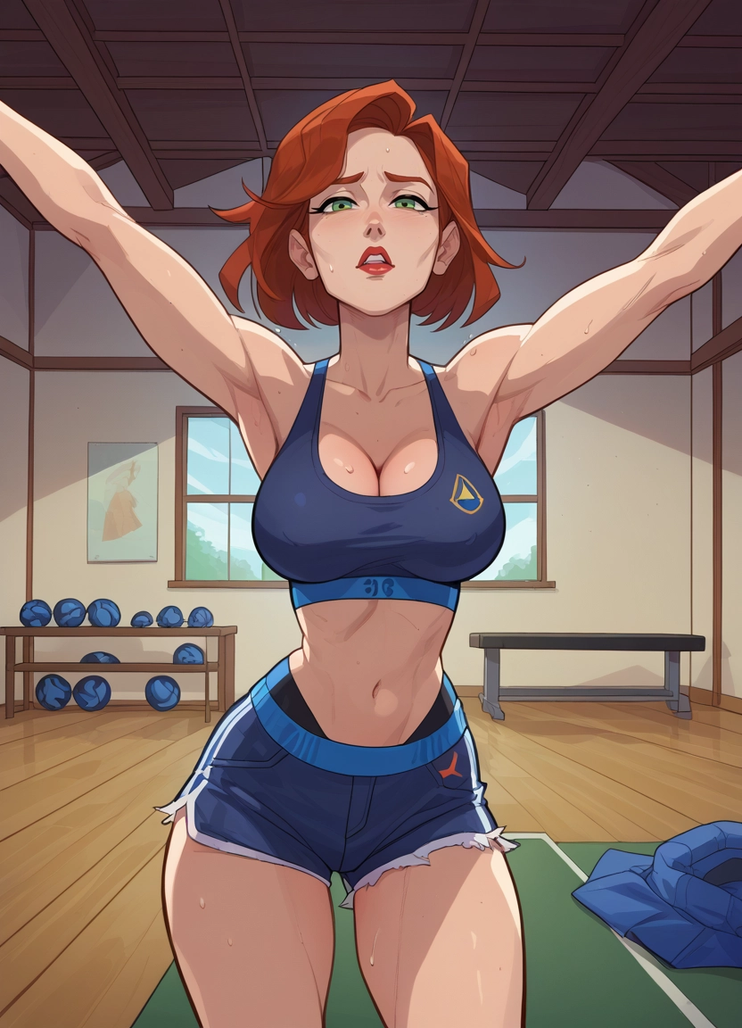 1girl, breasts, green eyes, shorts, sweat, short hair · Yamete.gg