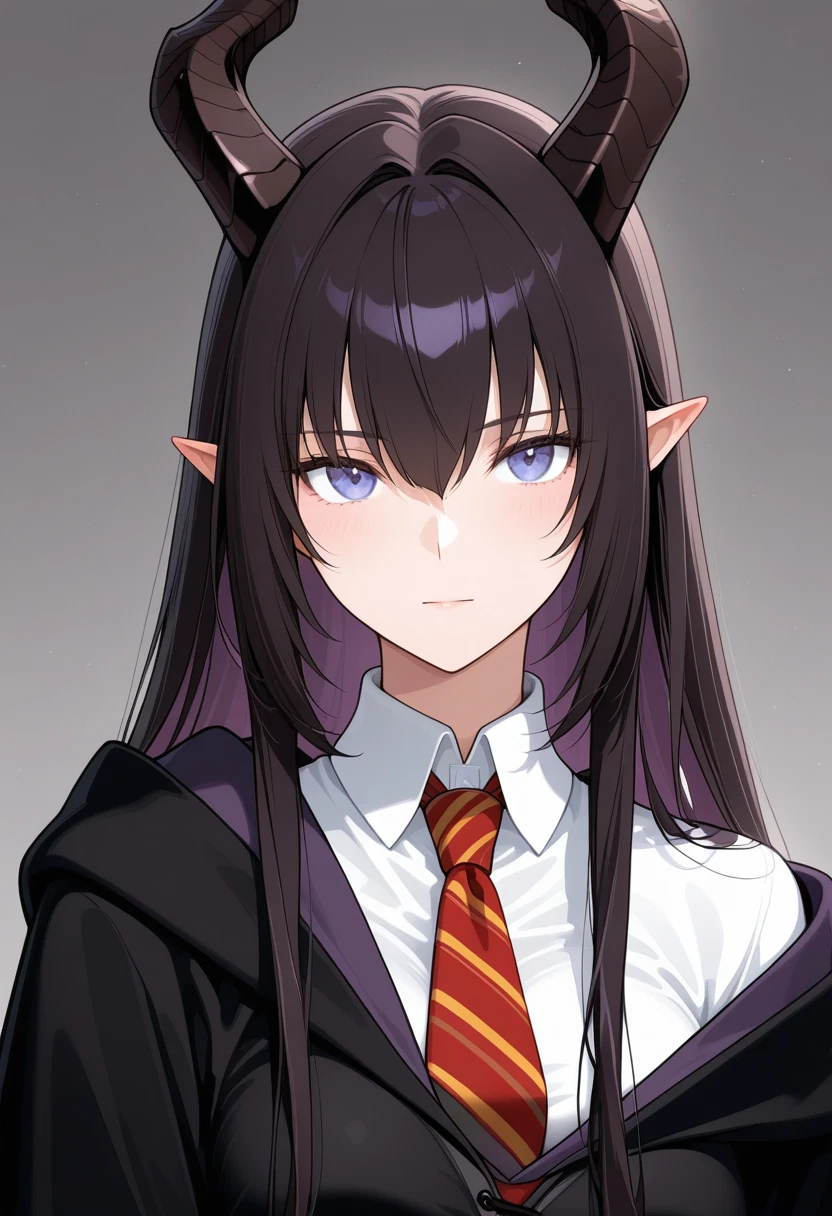 1girl, horns, solo, necktie, pointy ears, long hair · Yamete.gg