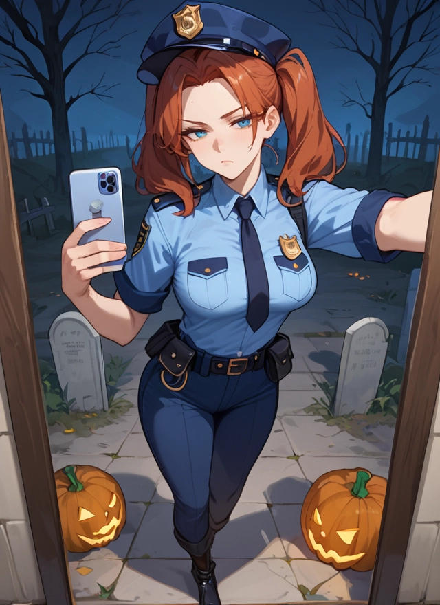1girl, phone, twintails, police, police uniform, necktie · Yamete.gg