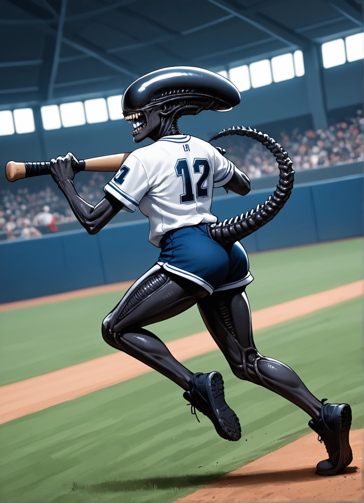1girl, shorts, tail, baseball bat, teeth, ass